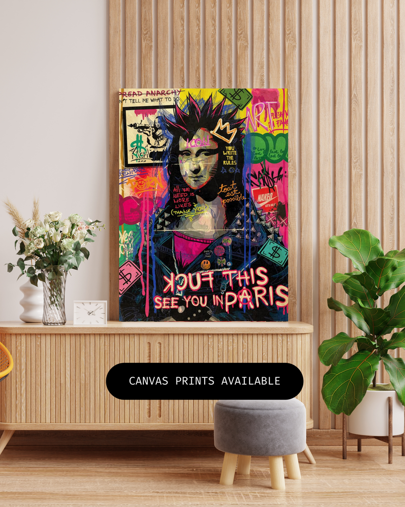 Graffiti Punk Mona Lisa Canvas Art in Wooden Frame | Pop Art Street Style Masterpiece Wall Decor 
