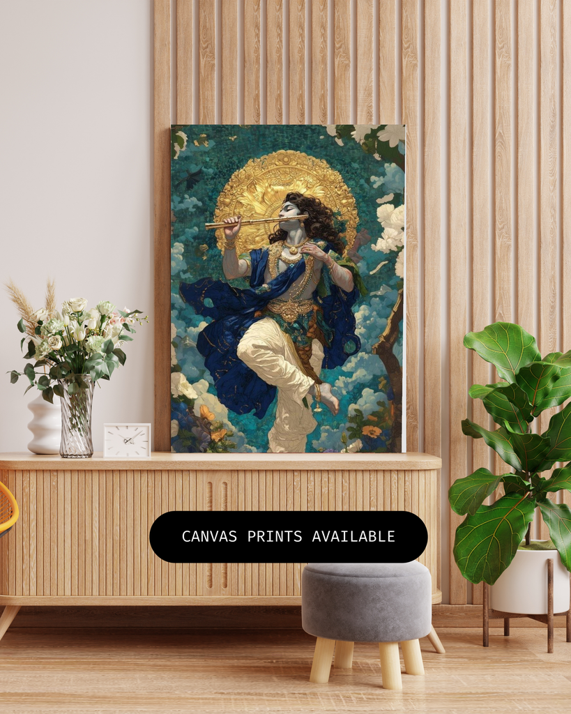 Divine Lord Krishna Flute Player Canvas Art in Wooden Frame | Modern Hindu Mythology Wall Decor