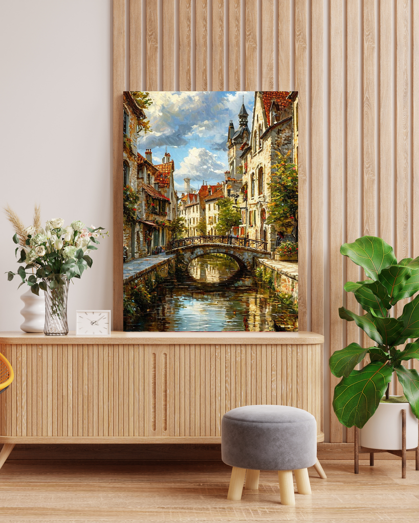 Impressionist European Canal City Canvas Art in Wooden Frame | Vintage Bruges Style Architecture Wall Decor