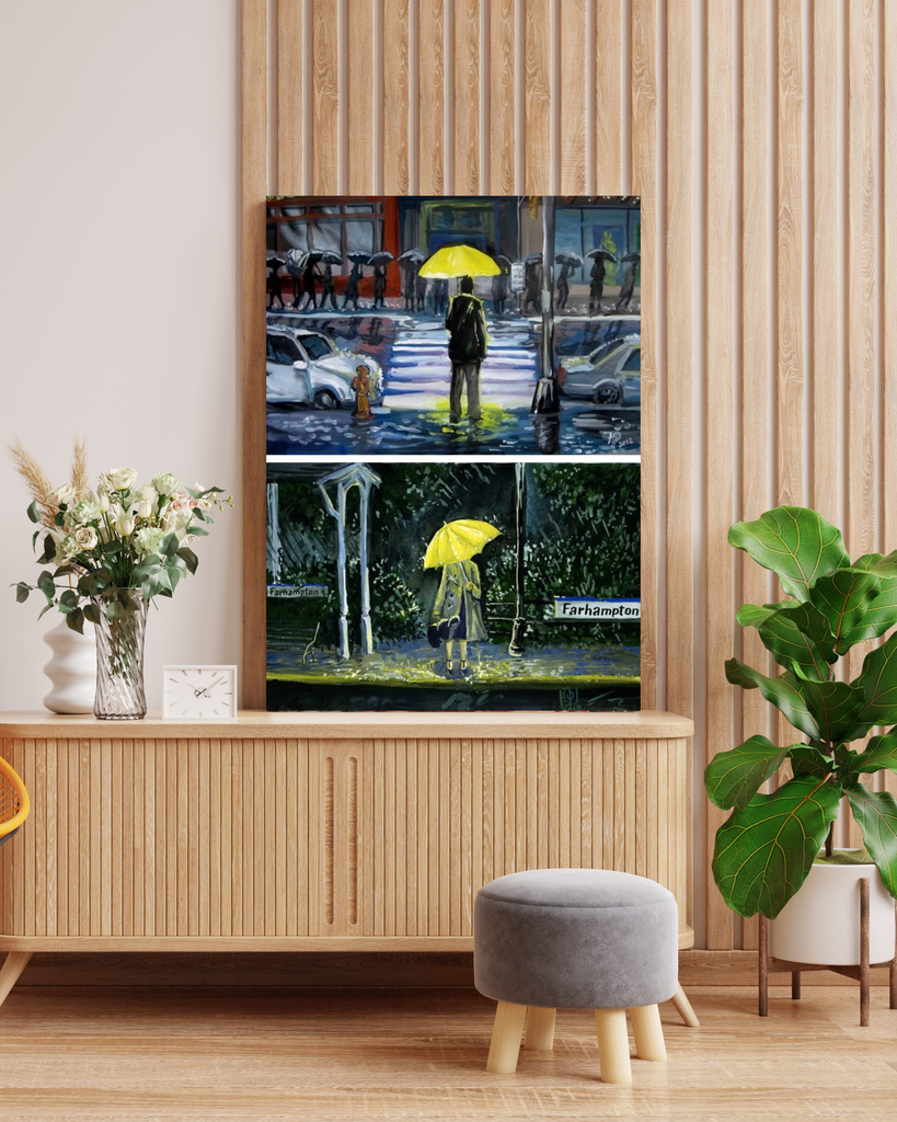 HIMYM Iconic Yellow Umbrella Diptych Canvas Art in Wooden Frame | FarHampton Meeting Scene TV Decor