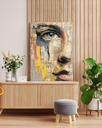 Abstract Mixed Media Portrait Eye Canvas Art in Wooden Frame | Newspaper Collage Texture Wall Decor