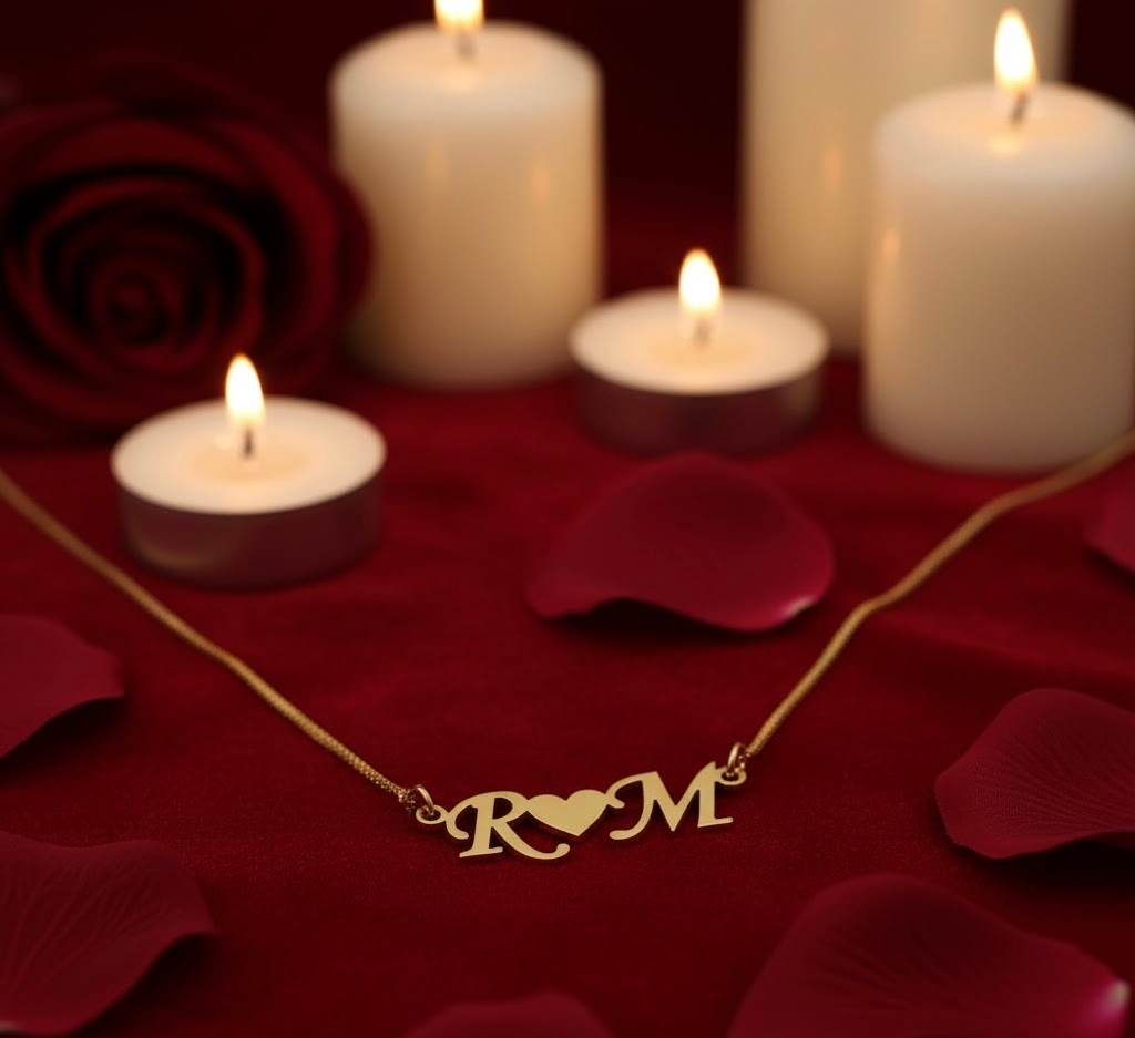 Luxury Couple Initial Necklace – Custom Gold Pendant with Heart Symbol | Romantic Personalised Jewellery Gift