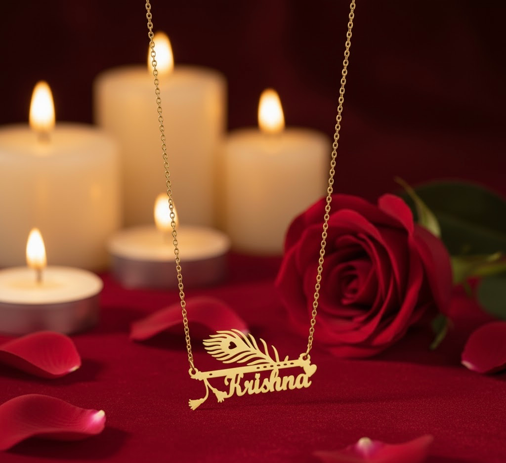 Luxury Krishna Name Necklace – Custom Gold Pendant with Flute & Peacock Feather Design | Devotional Jewelry Gift