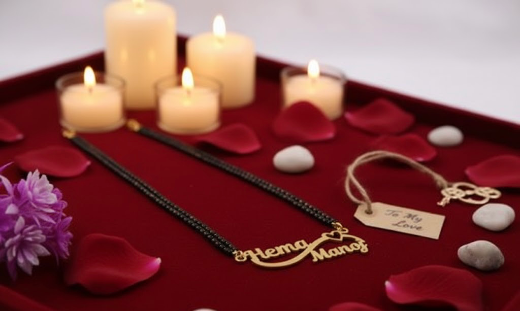 Luxury Couple Name Mangalsutra – Personalised Gold Pendant with Heart Design | Elegant Custom Jewellery for Married Women