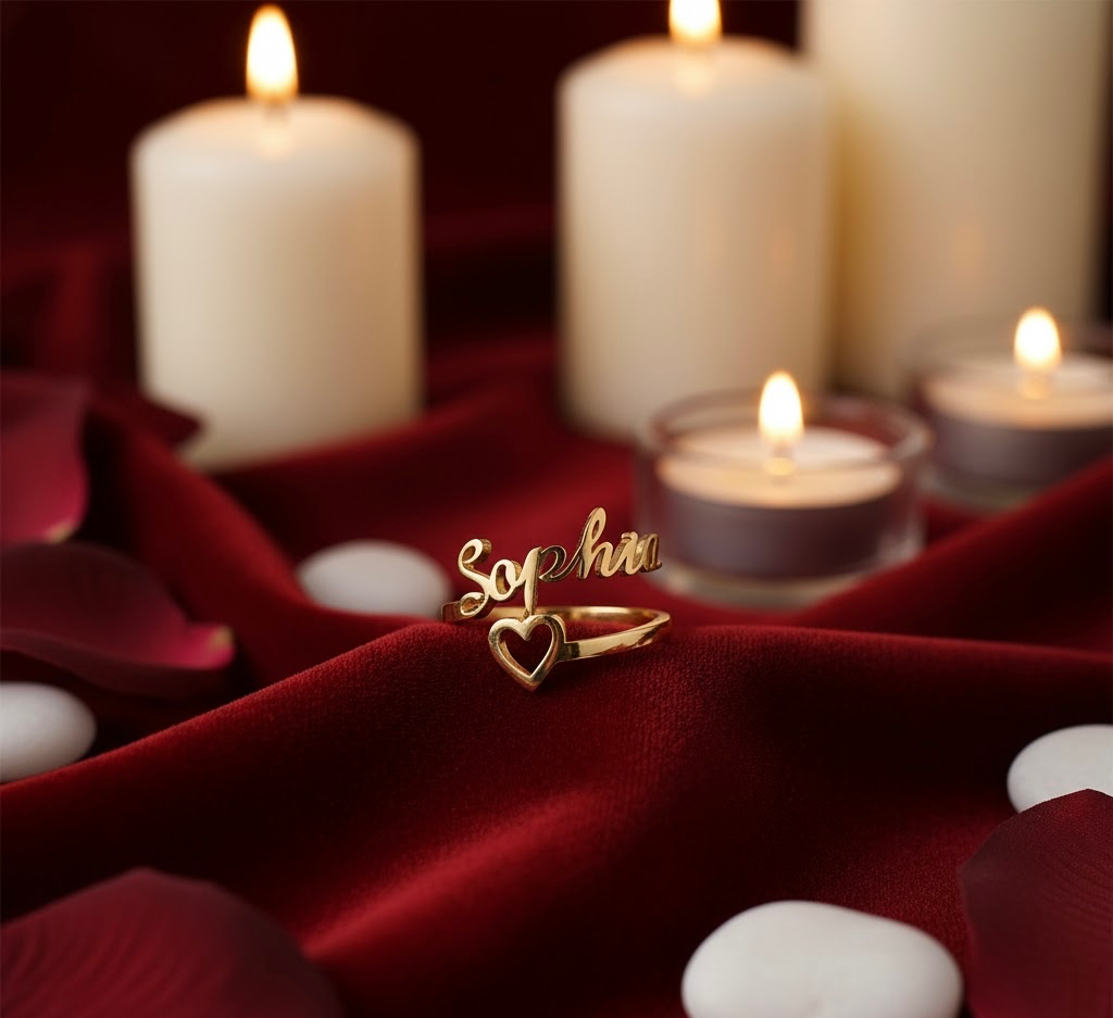 Luxury Heart Name Ring – Custom Gold Ring with Heart Accent | Romantic Personalised Jewellery Gift for Women