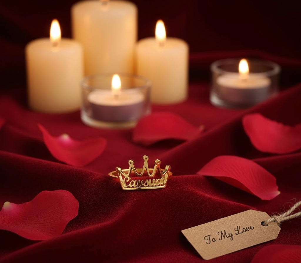 Luxury Custom Crown Name Ring in Gold | Royal Personalised Jewellery Gift for Women