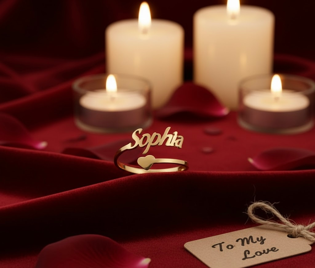 Luxury Gold Custom Name Ring with Heart | Personalised Ring for Women