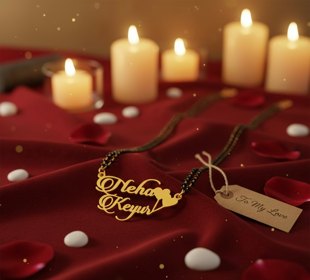 Luxury Dual Name Gold Mangalsutra Necklace | Personalised Couple Name Pendant with Heart Design