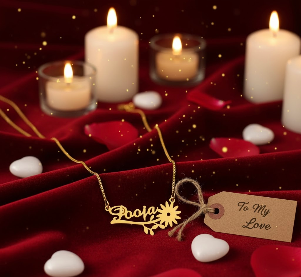 Luxury Floral Custom Gold Name Necklace | Personalised “Pooja” Pendant with Flower Design