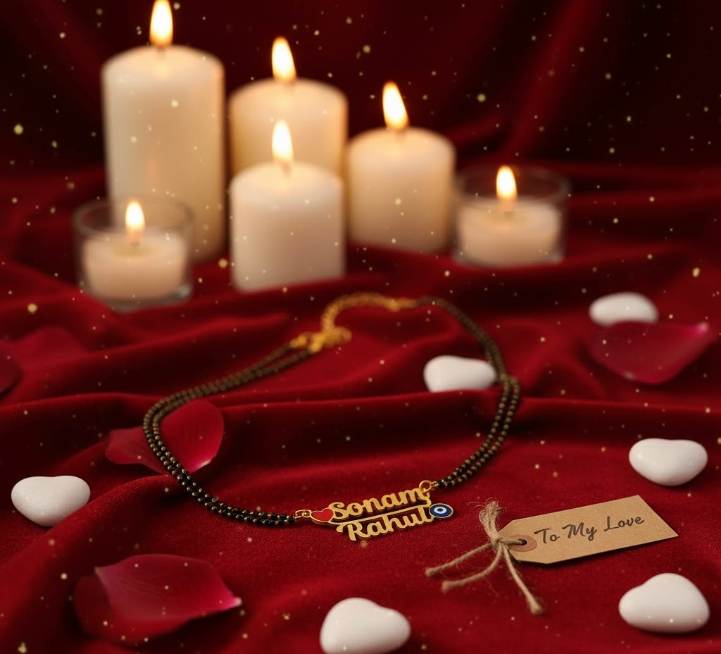 Luxury Evil Eye Couple Name Mangalsutra in Gold | Personalised Necklace with Heart Design