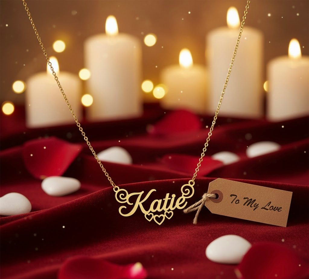 Luxury Heart Frame Gold Name Necklace | Personalised Pendant with Elegant Love Motif