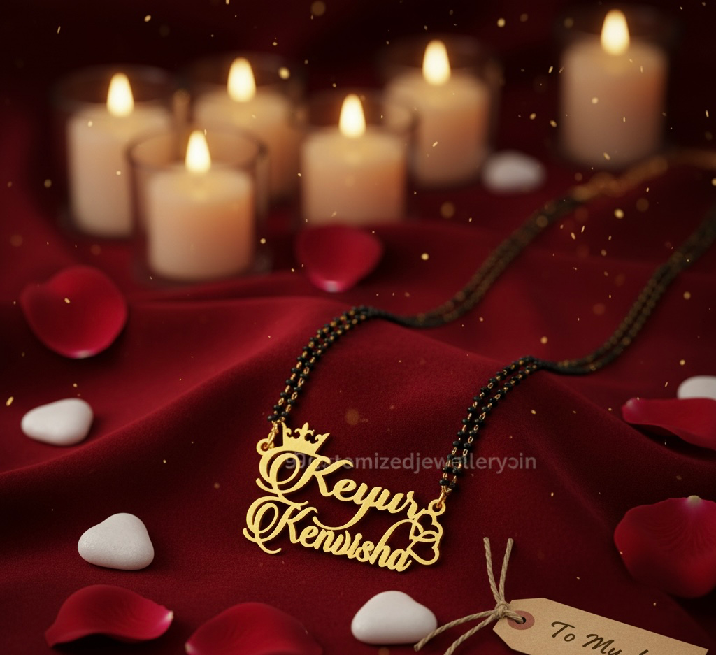 Luxury Crown Couple Name Mangalsutra in Gold | Personalised Pendant with Heart Design