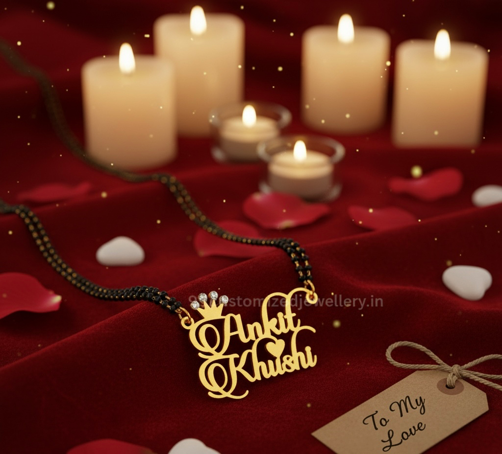 Luxury Custom Crown Name Mangalsutra in Gold Finish | Personalised Couple Jewellery Gift for Wife