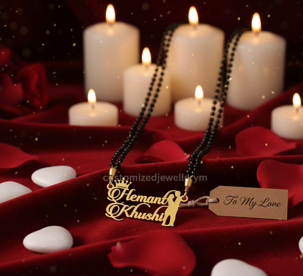 Luxury Couple Name Mangalsutra with Romantic Silhouette | Personalised Gold Jewellery for Wife