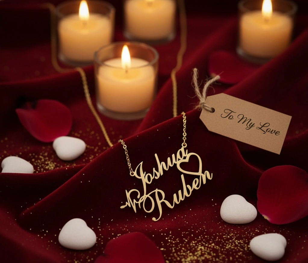 Luxury Personalised Double Name Necklace in Gold | Custom Heart Design Couple Pendant Gift