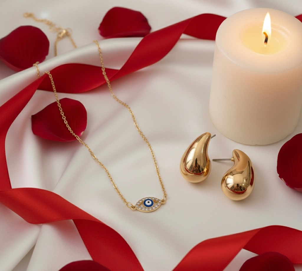 Luxury Gold Set(Set of 2) : Evil Eye Necklace and Puffy Teardrop Earrings