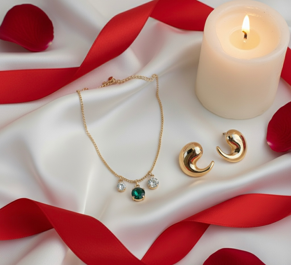 Luxury Gold Set(Set of 2) : Emerald Charm Necklace and Shiny Abstract Earrings 