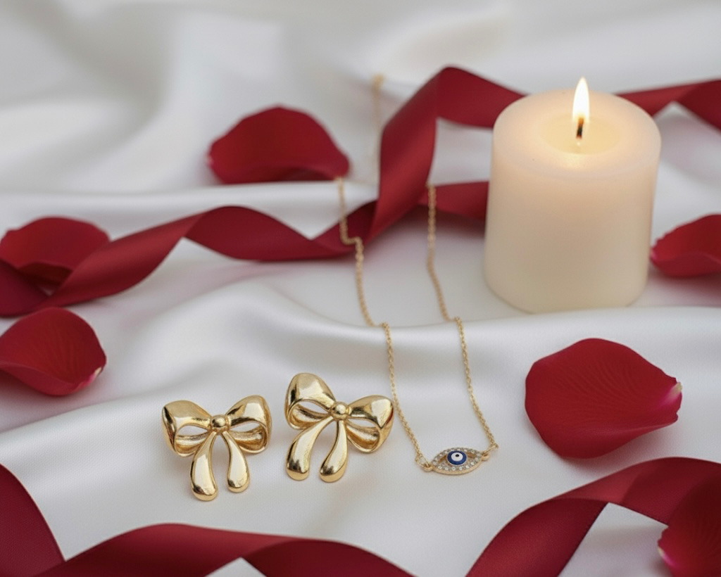 Luxury Gold Bow & Charm Set (Set of 2): Detailed Gold Bow Earrings and Subtle Evil Eye Pave Charm Gold Necklace