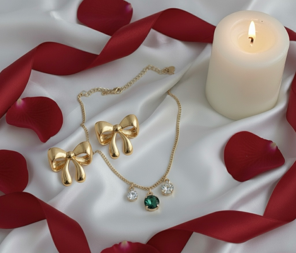 Luxury Gold Set (Set of 2): Emerald Charm Necklace and Whimsical Bow Earrings