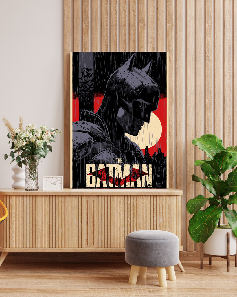 DC Comics Batman in Rain Canvas Wall Art in Wooden Frame | Robert Pattinson Movie-Style Decor | Superhero Man Cave Gift