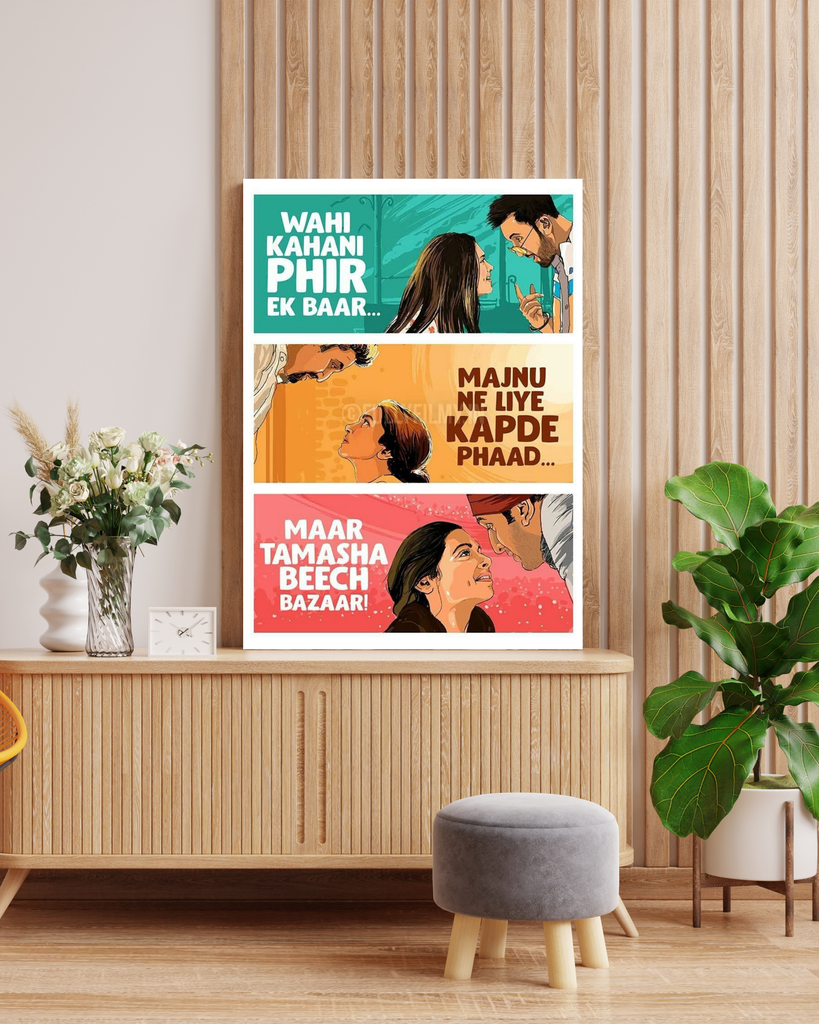 Majnu Ne Liye Kapde Phaad Canvas Print | Iconic Hindi Dialogue Wall Art in Wooden Frame | Colorful Bollywood Pop Art Decor