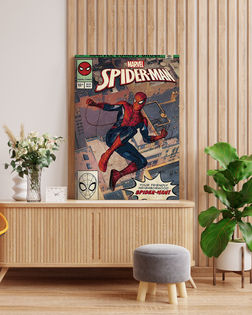 Vintage Spider-Man Comic Book Cover Canvas Art in Wooden Frame | Retro Marvel Superhero Art | Nostalgic Wall Decor 