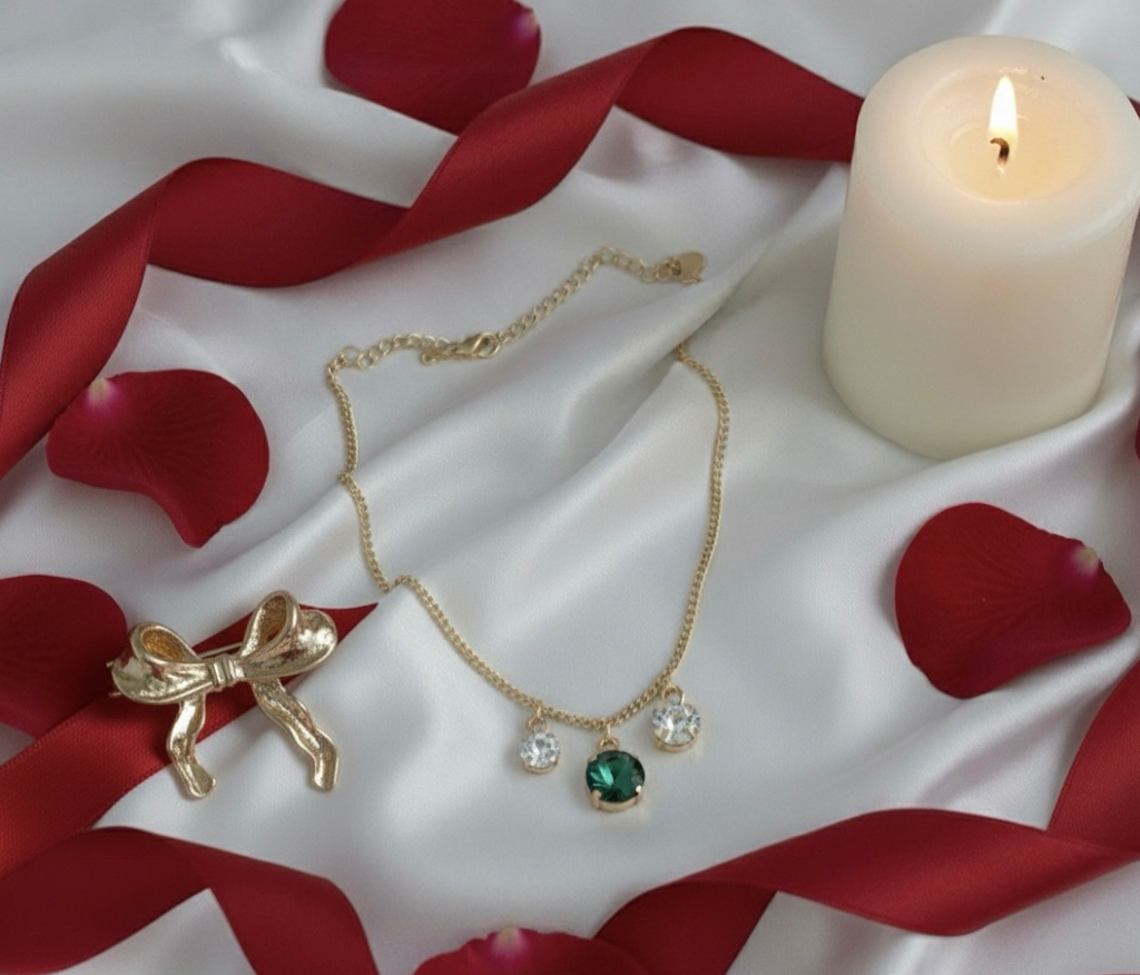 Luxury Gold Set (Set of 2): Emerald Charm Necklace and Elegant Gold Bow Earrings