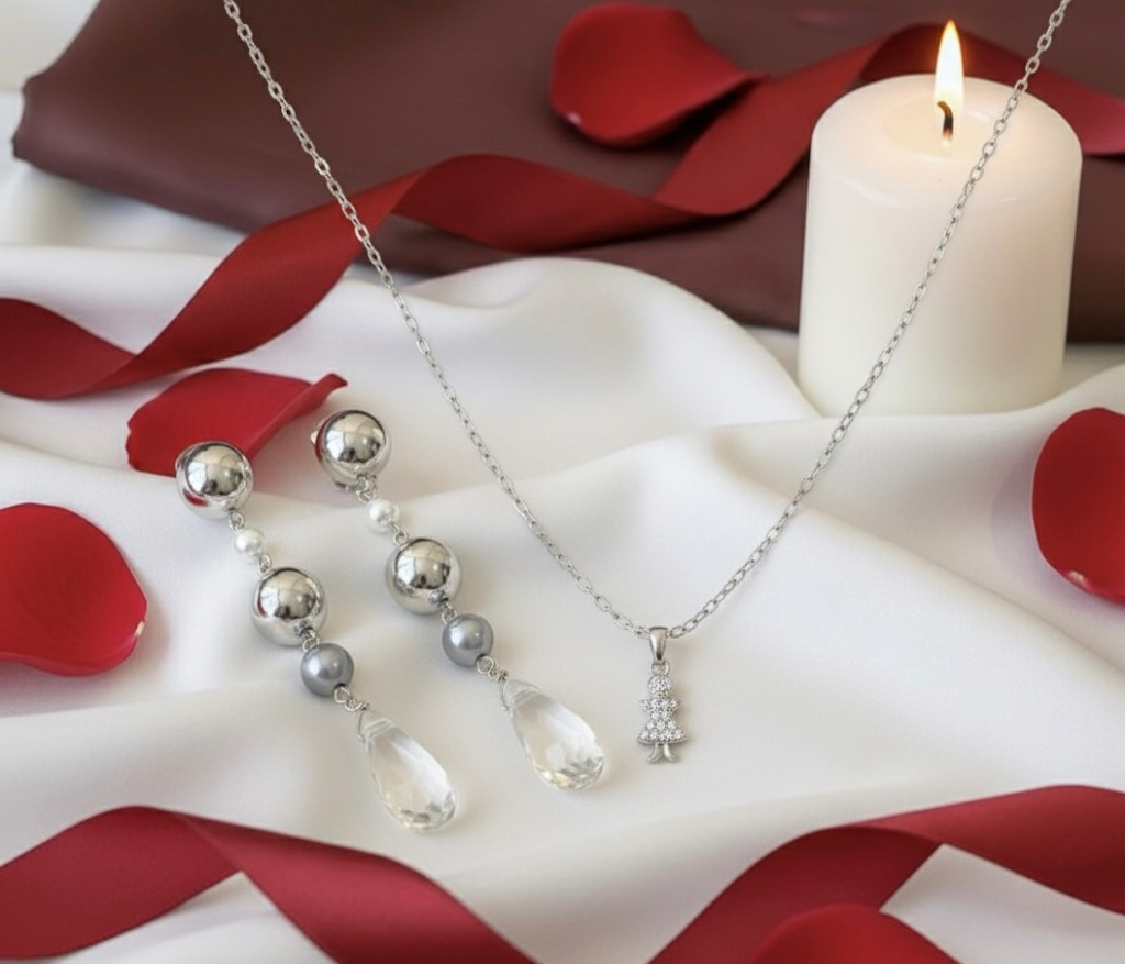 Luxury Silver Set (Set of 2): Sparkly Christmas Tree Necklace and Long Crystal Drop Earrings
