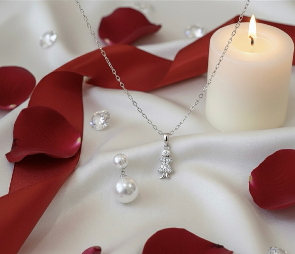 Luxury Silver Set (Set of 2): Pave Girl Pendant Necklace and Classic Pearl Drop Earring