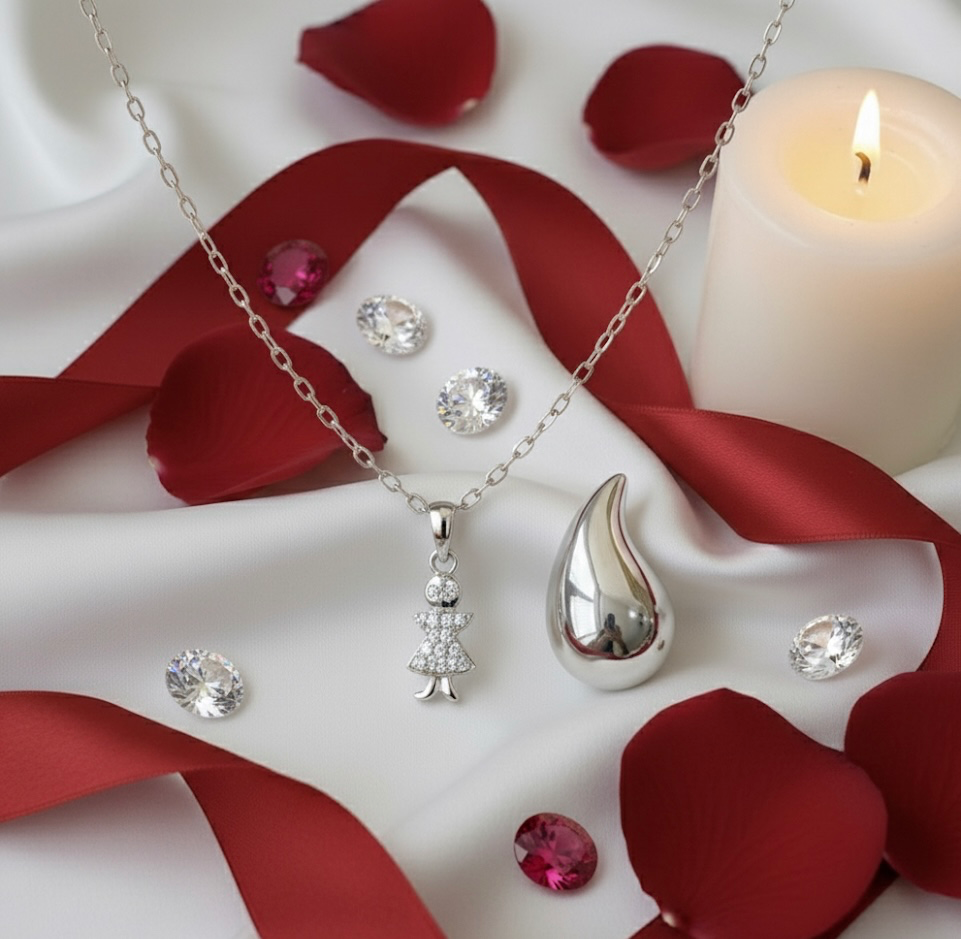 Luxury Silver Set (Set of 2): Pave Girl Pendant Necklace and Shiny Silver Teardrop Earrings