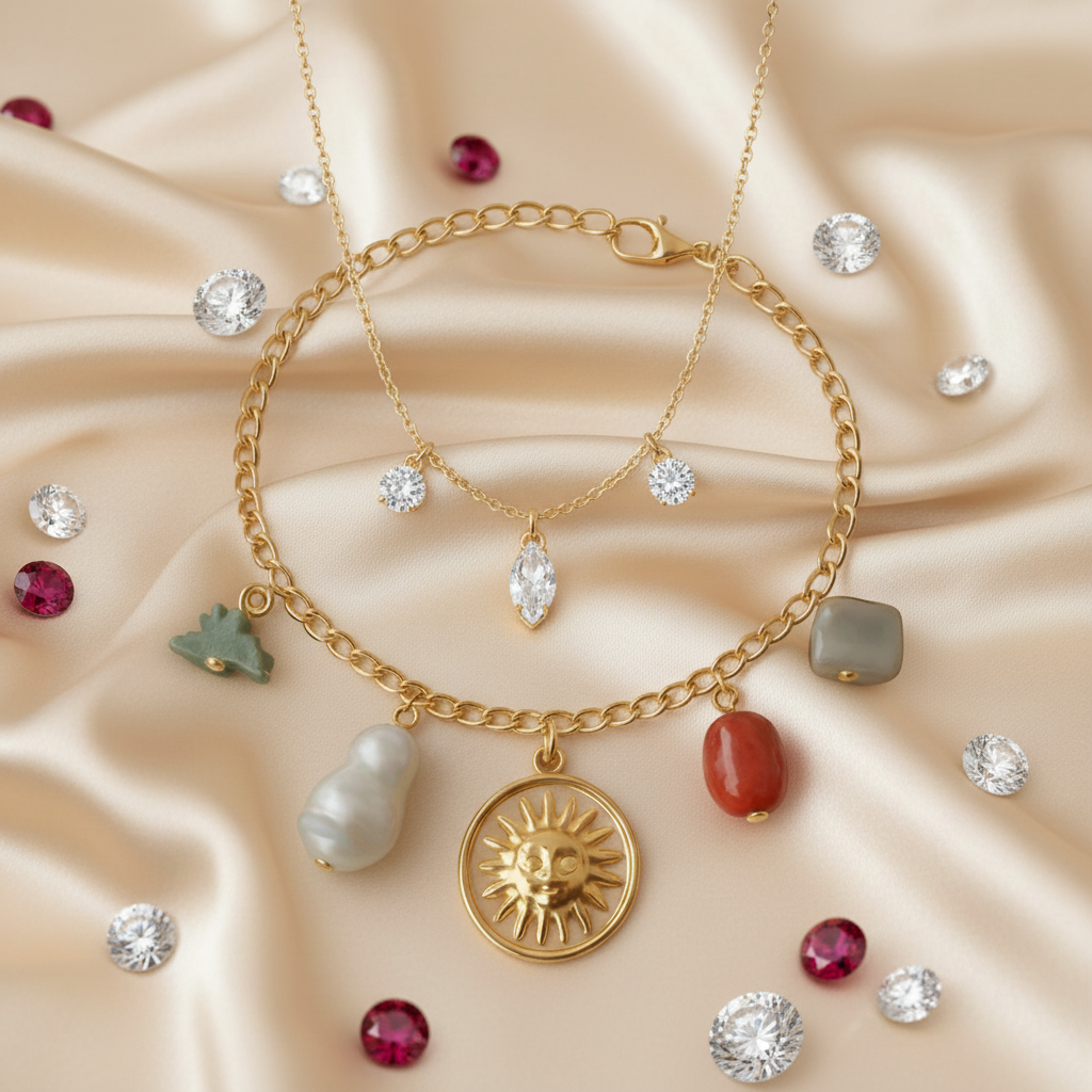 Luxury Charm Set (Set of 2): Sun & Natural Stone Bracelet with Sparkly Dangle Necklace