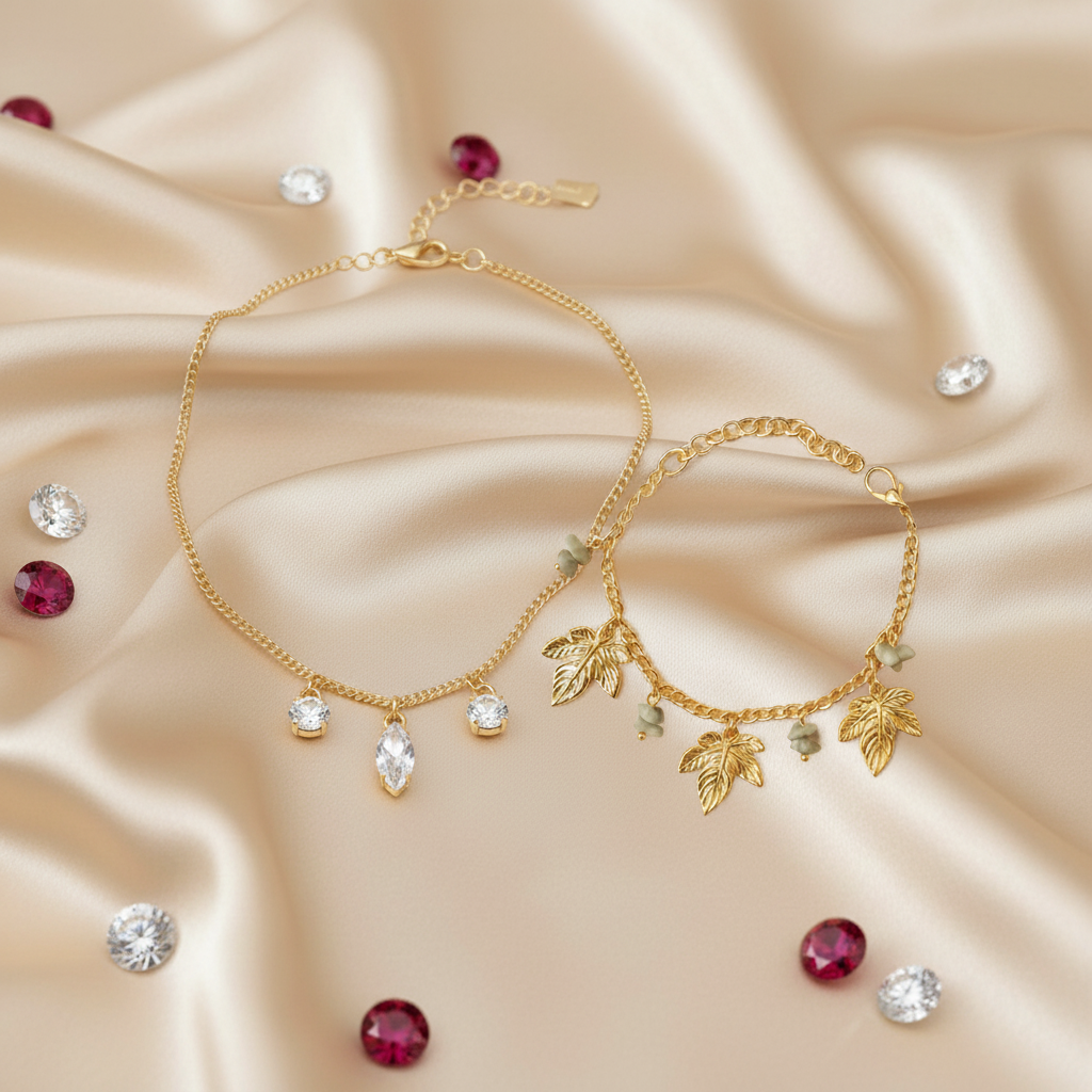 Luxury Nature Set (Set of 2): Gold Leaf Charm Bracelet and Simple Sparkle Drop Necklace
