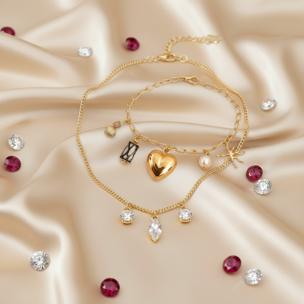 Luxury Heart Set (Set of 2): Large Gold Heart Charm Bracelet and Dainty Crystal Drop Necklace
