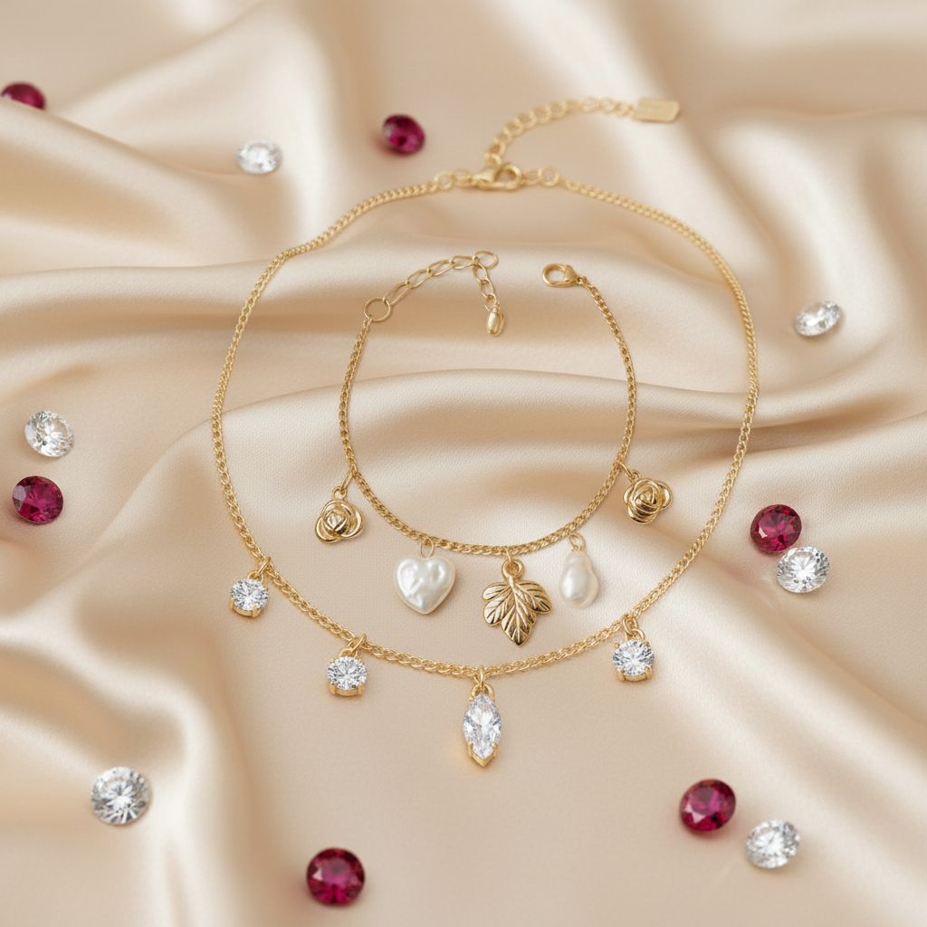 Luxury Floral Set (Set of 2): Pearl Heart & Leaf Charm Bracelet and Marquise Drop Necklace