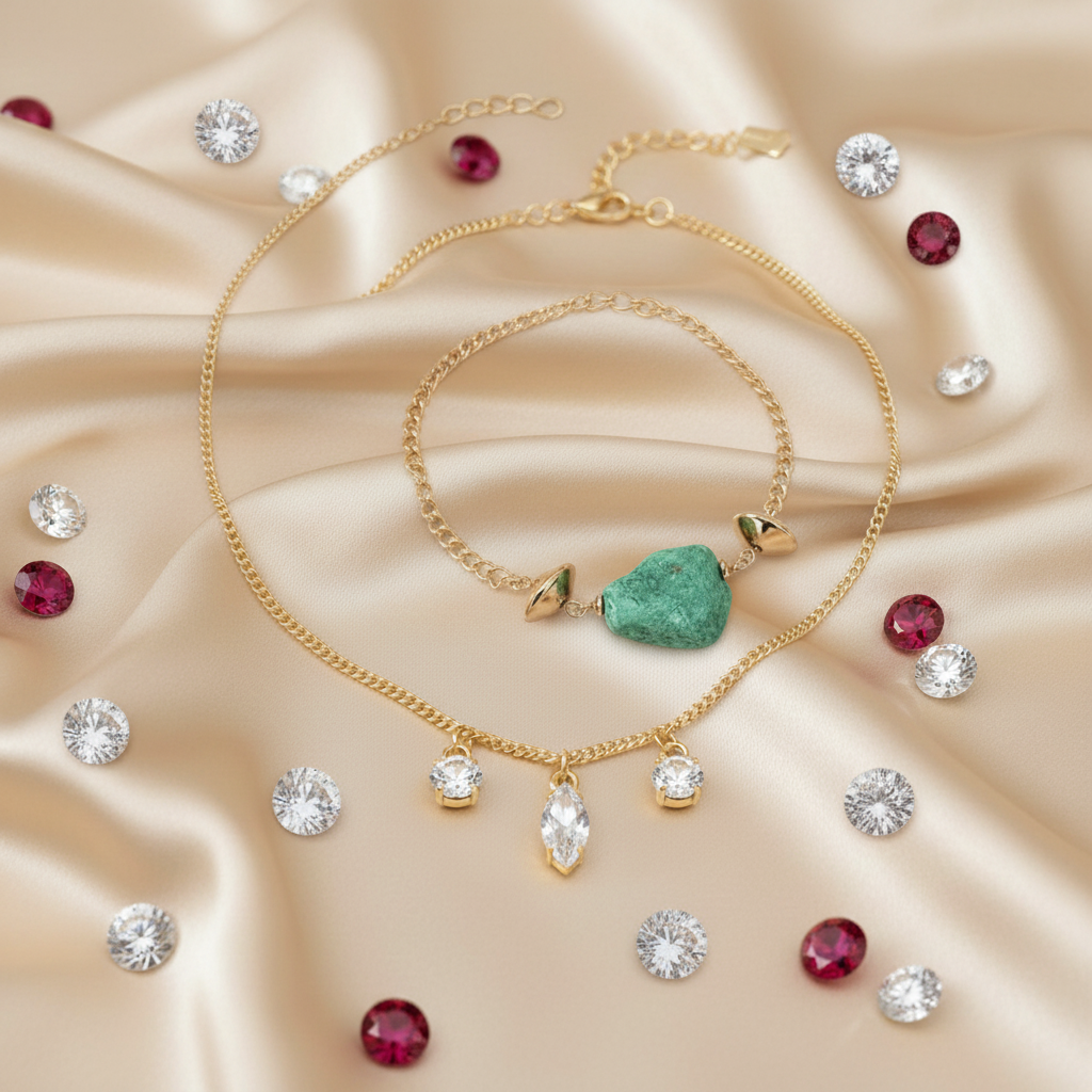 Luxury Stone Set(Set of 2) : Raw Green Stone Bracelet and Simple Marquise Sparkle Necklace