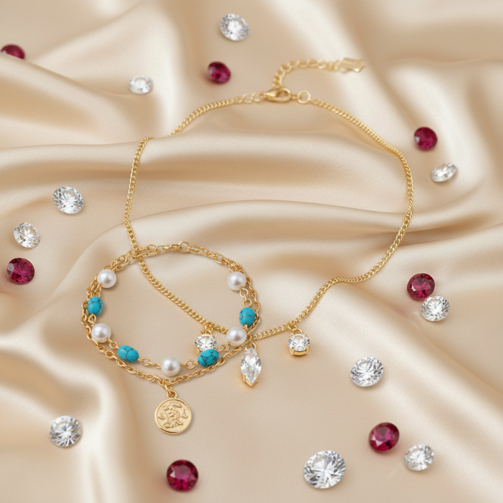 Luxury Beach Set(Set of 2) : Turquoise & Pearl Bracelet with Marquise Sparkle Necklace