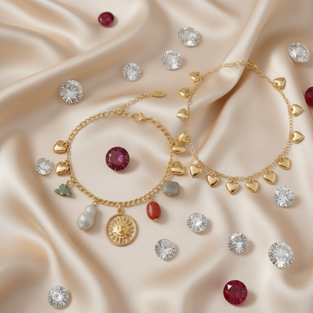 Luxury Duo(Set of 2) : Gold Heart Drop Necklace and Natural Stone Charm Bracelet