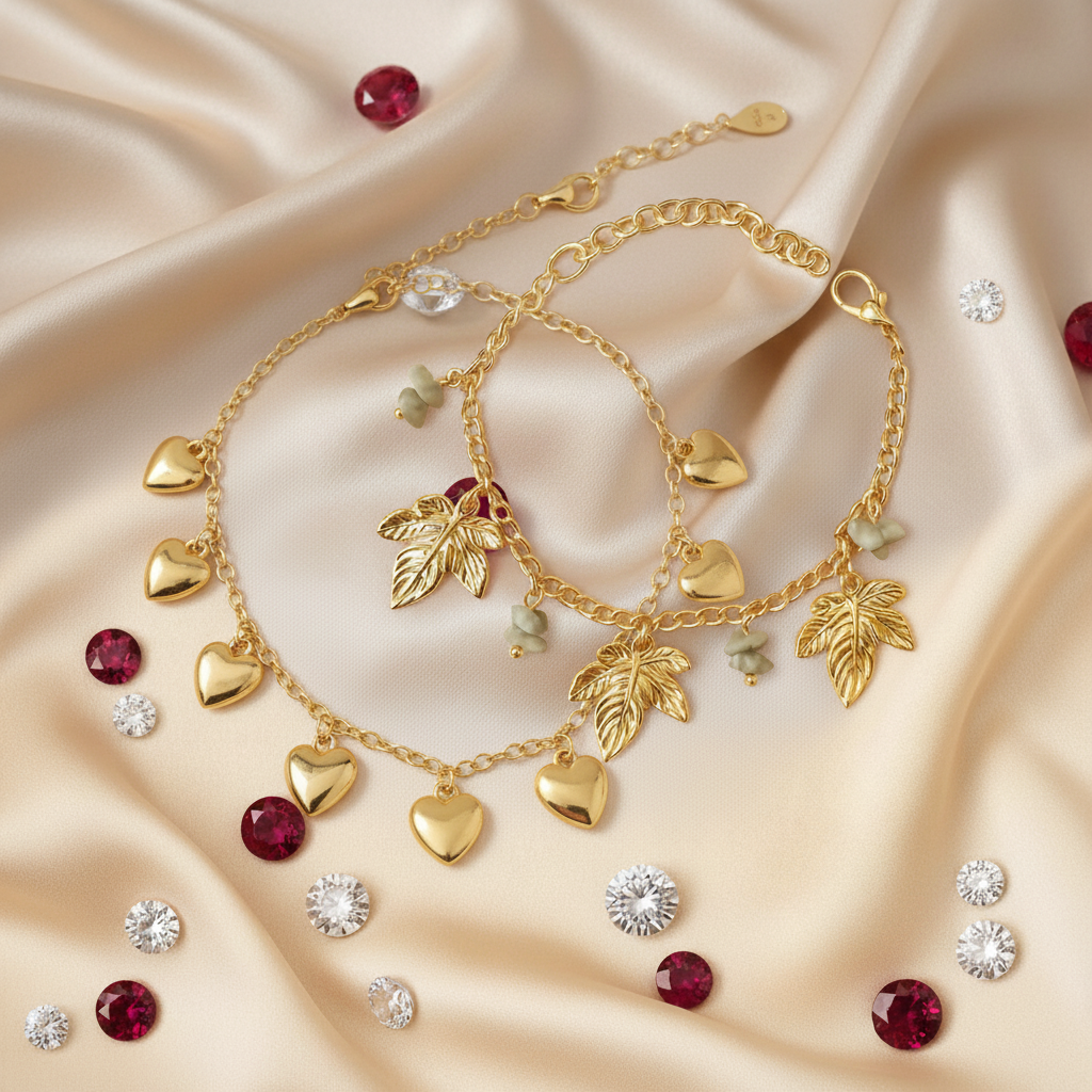 Gold Heart Drop Necklace and Autumn Leaf & Heart Bracelet Set of 2