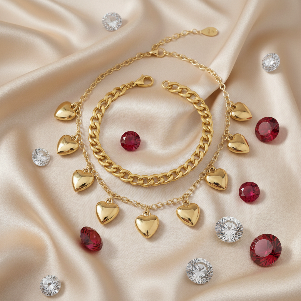 Gold Heart Drop Necklace and Bold Curb Chain Bracelet Set (Set of 2)