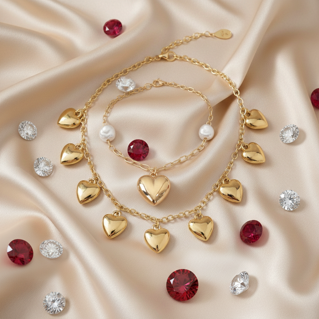 Gold Heart Drop Necklace and Puffy Heart Charm Bracelet Set (Set of 2)