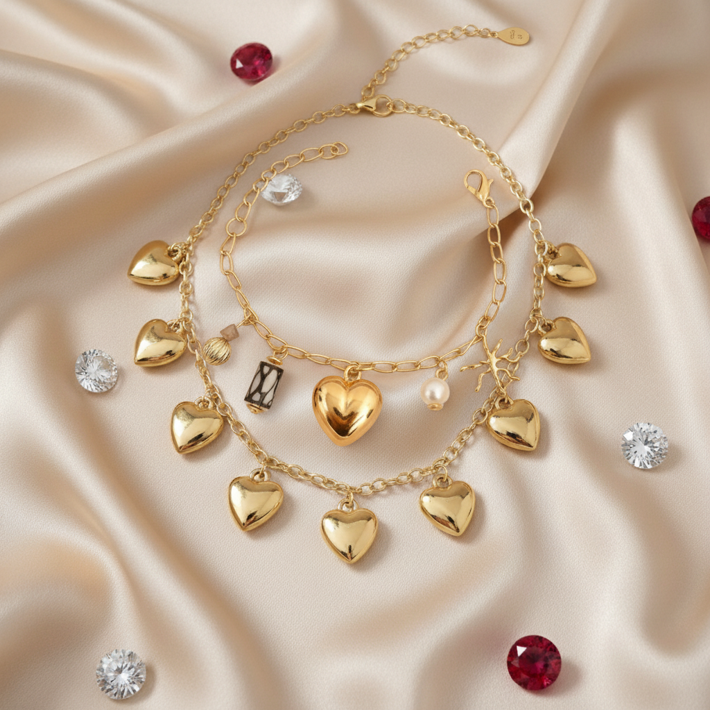 Gold Heart Drop Necklace and Puffy Heart Charm Bracelet Set (Set of 2)