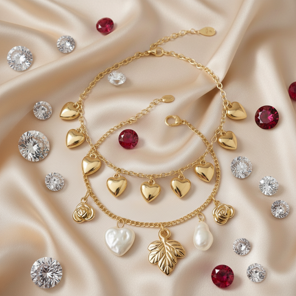 Luxury Duo: Gold Heart Drop Necklace and Pave Leaf & Pearl Charm Bracelet Set (Set of 2)