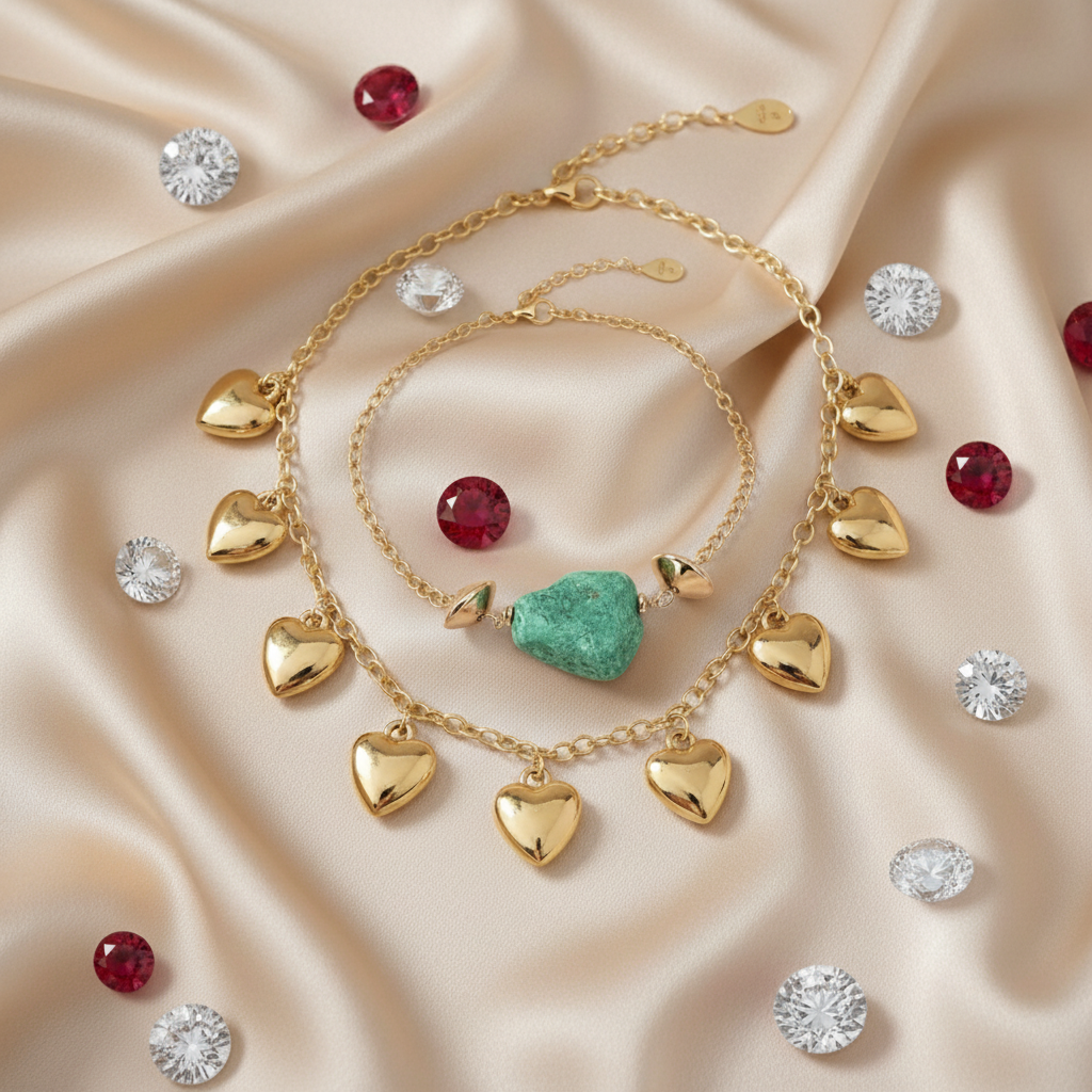 Luxury Duo: Gold Heart Drop Necklace and Raw Green Stone Bracelet Set (Set of 2)