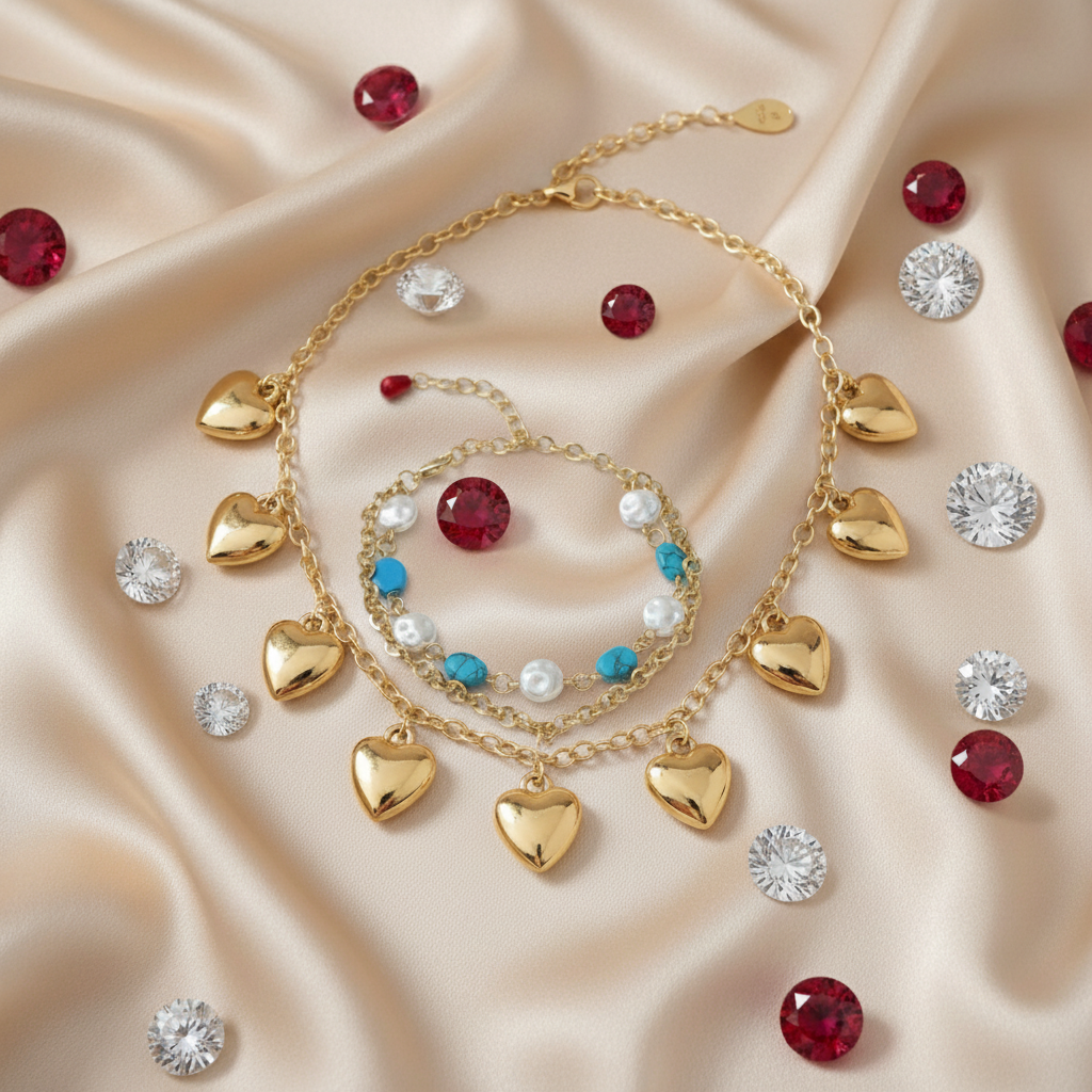 Luxury Duo: Gold Heart Drop Necklace and Turquoise & Pearl Beaded Bracelet Set (Set of 2)