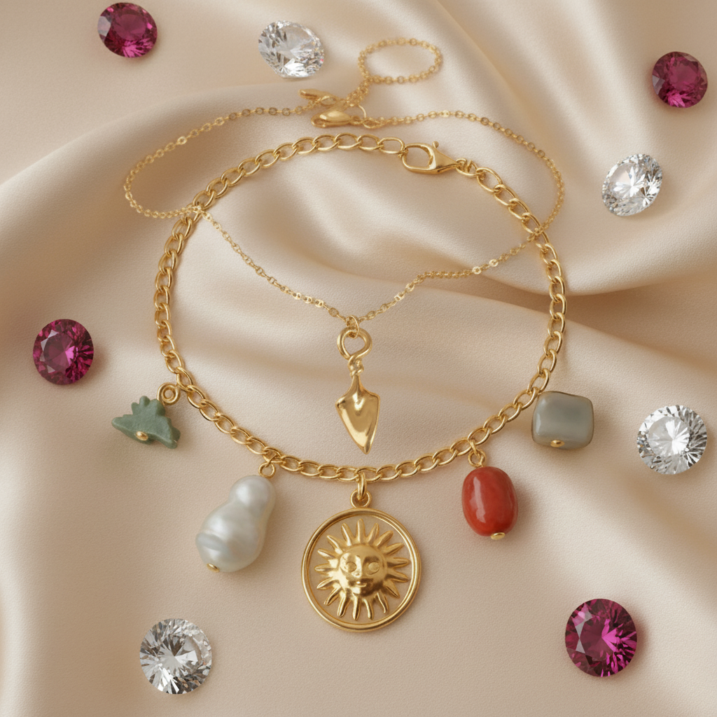 Gold Arrow Necklace and Sun Charm Multi-Stone Bracelet Set (Set of 2)