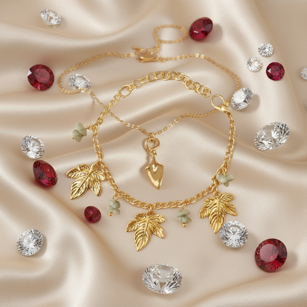 Luxury Duo : Gold Arrow Necklace and Gold Leaf Charm Bracelet Set (Set of 2)