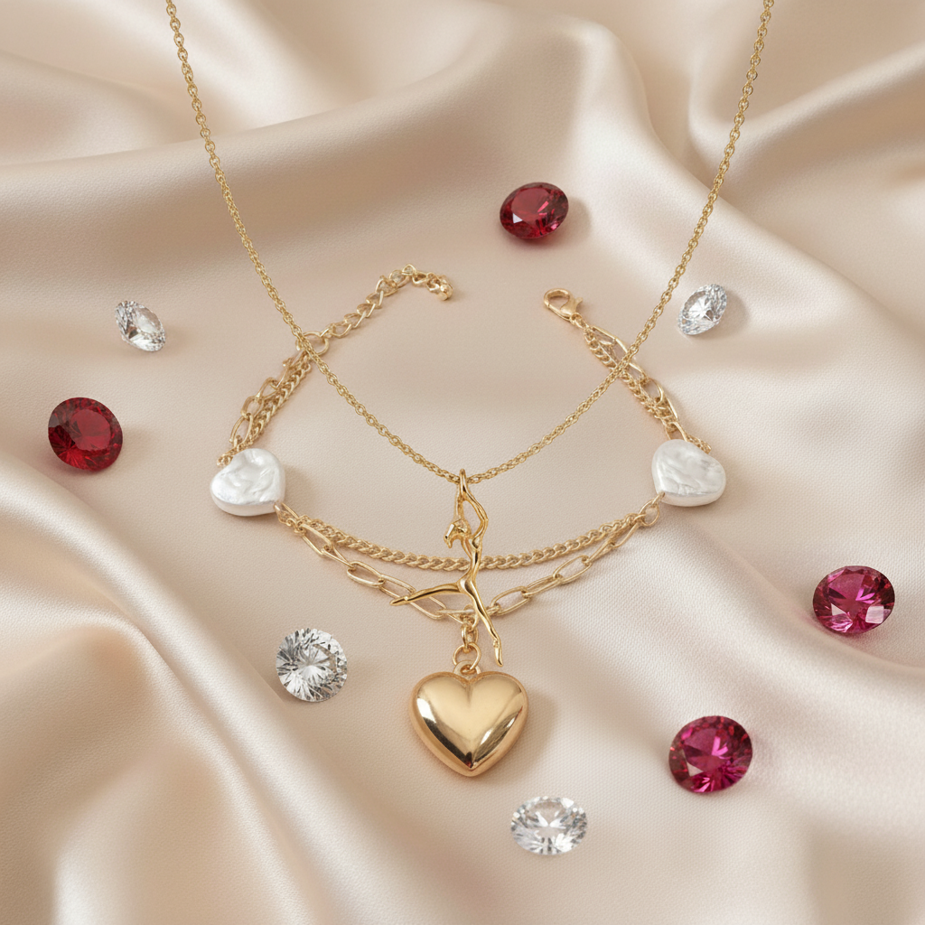 Luxury Duo: Gold Arrow Necklace and Large Puffy Heart Layered Bracelet Set (Set of 2)