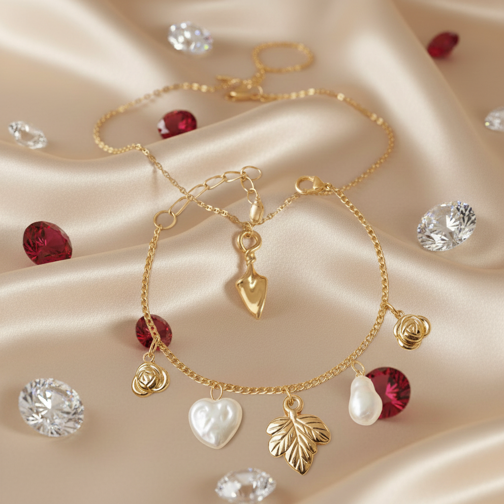 Luxury Duo: Gold Arrow Necklace and Pave Leaf & Pearl Charm Bracelet