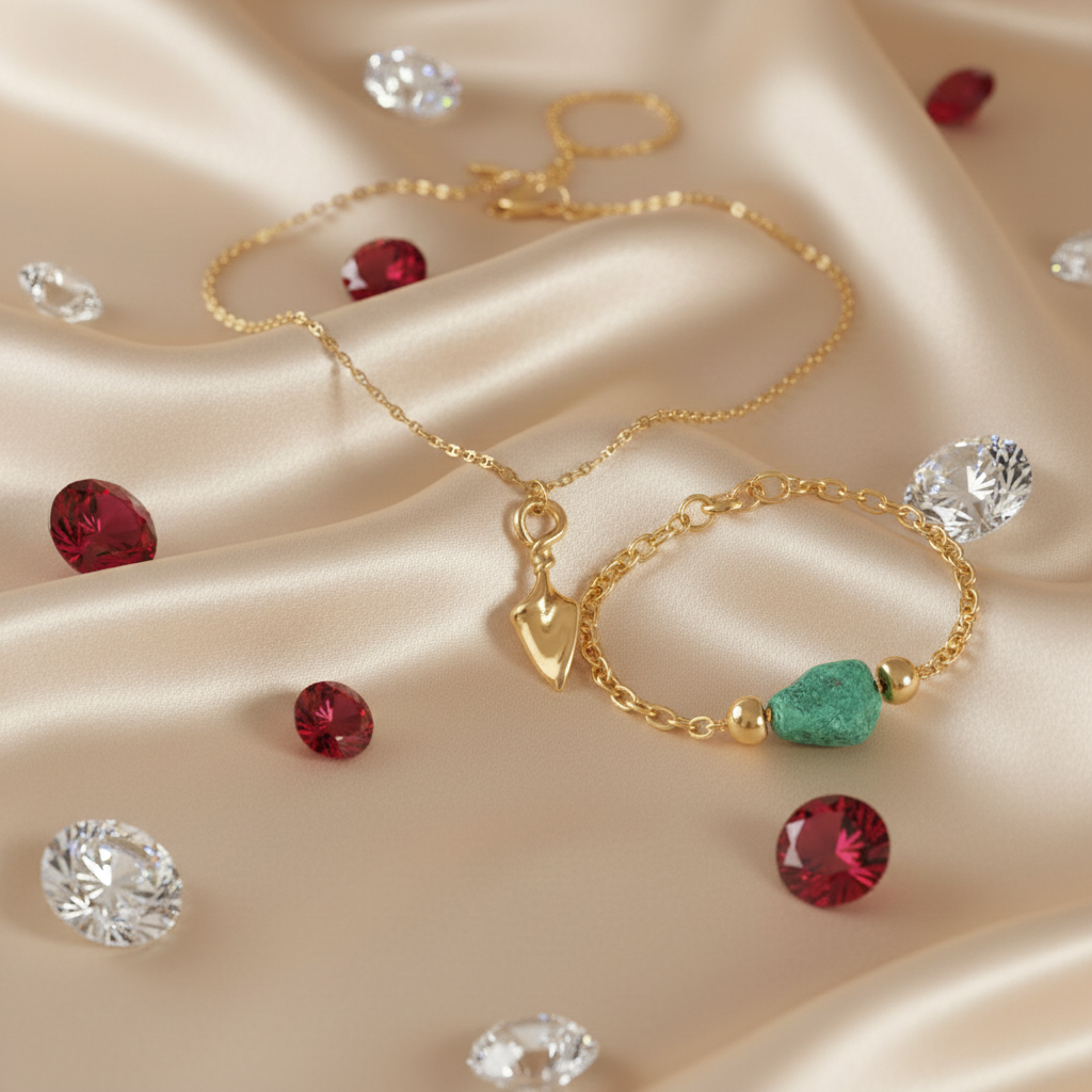 Luxury Duo: Gold Arrow Necklace and Raw Green Stone Accent Brace Set (Set of 2)