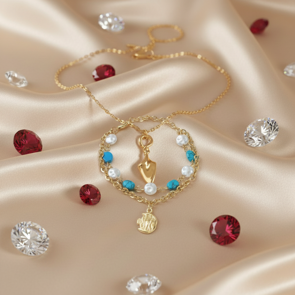 Luxury Duo: Gold Arrow Necklace and Turquoise & Pearl Coin Bracelet Set (Set of 2)